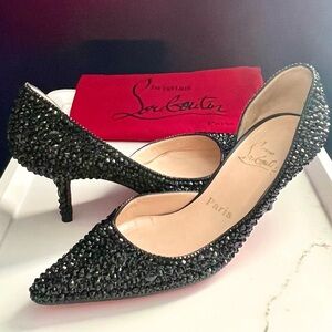 Christian Louboutin Black Swarovski Crystal Strass Pointed Toe Heels Size 36